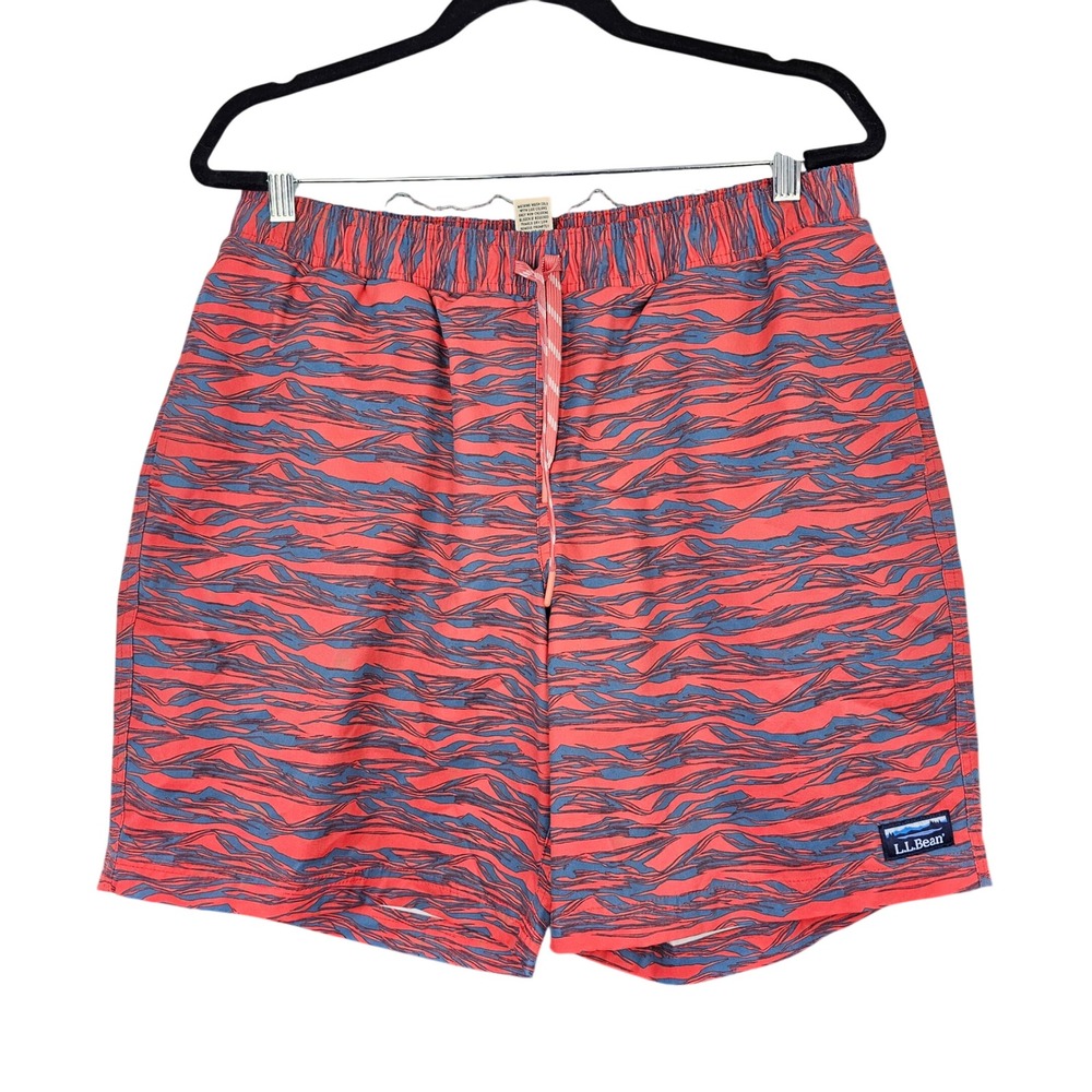 LL Bean Mens Bounder Board Shorts Red Blue Topo Wave Print Swim Trunks 519547